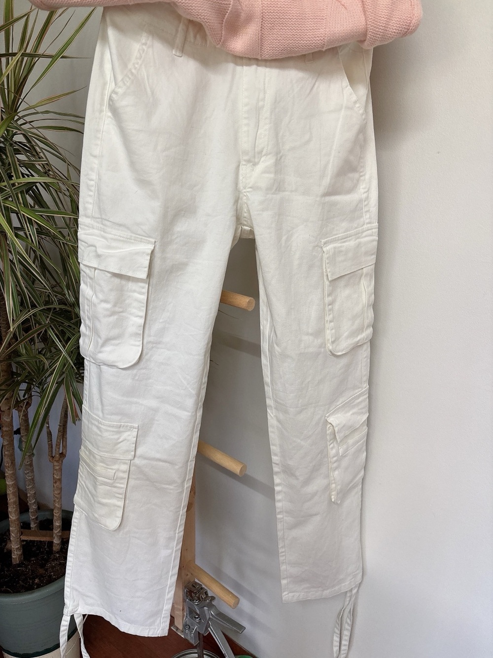 White Stretch Cotton Utility Cargo Pants
